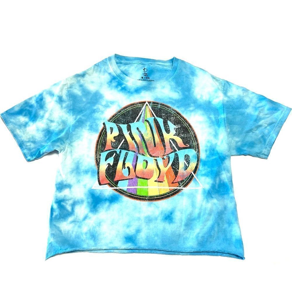 Pink Floyd Band Tee Blue Tie Dye Cropped Raw Hem Crew Neck Cotton Size Small